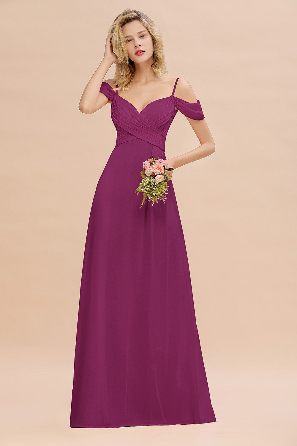 Off-the-Shoulder Sweetheart Ruched Long Bridesmaid Dress Online-Babyonlines