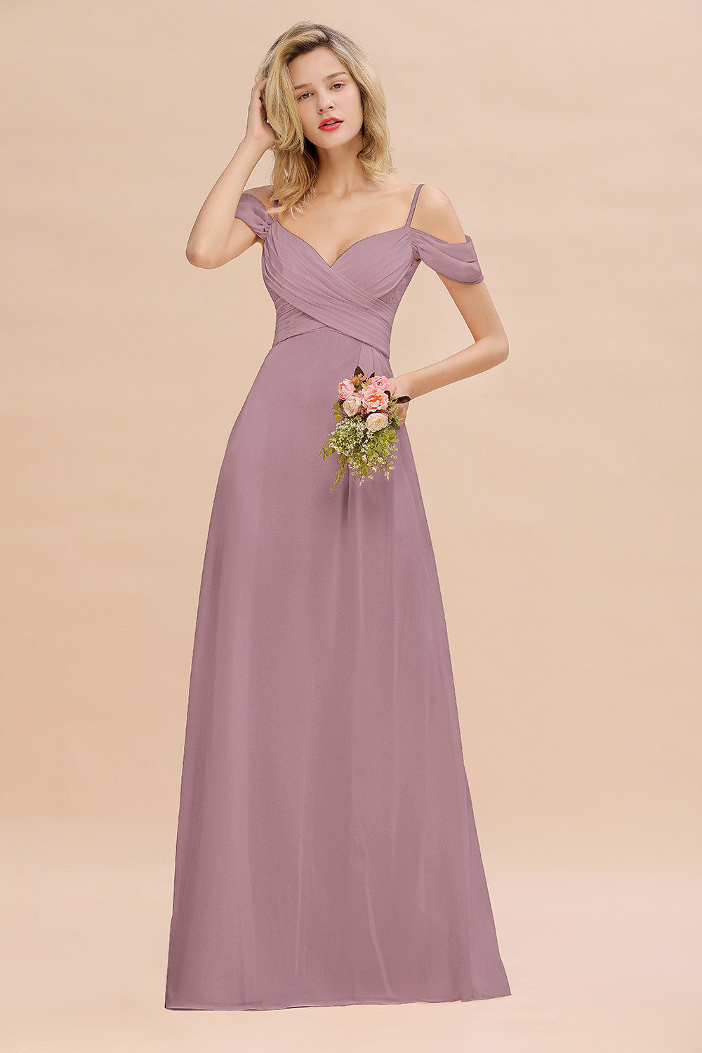 Off-the-Shoulder Sweetheart Ruched Long Bridesmaid Dress Online-Babyonlines