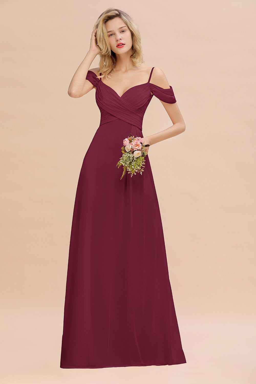Off-the-Shoulder Sweetheart Ruched Long Bridesmaid Dress Online-Babyonlines