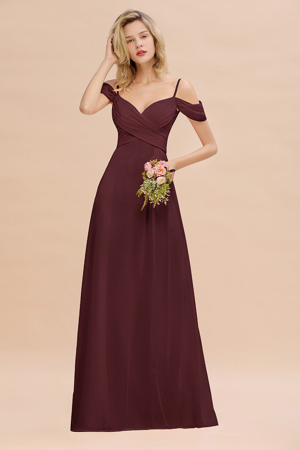 Off-the-Shoulder Sweetheart Ruched Long Bridesmaid Dress Online-Babyonlines