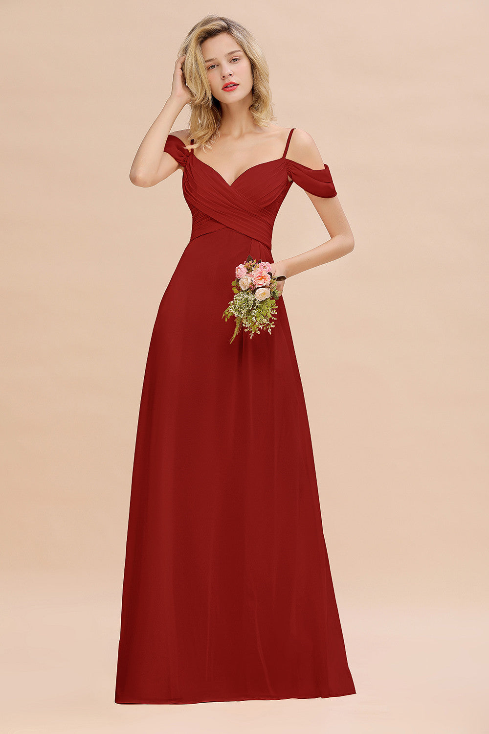 Off-the-Shoulder Sweetheart Ruched Long Bridesmaid Dress Online-Babyonlines