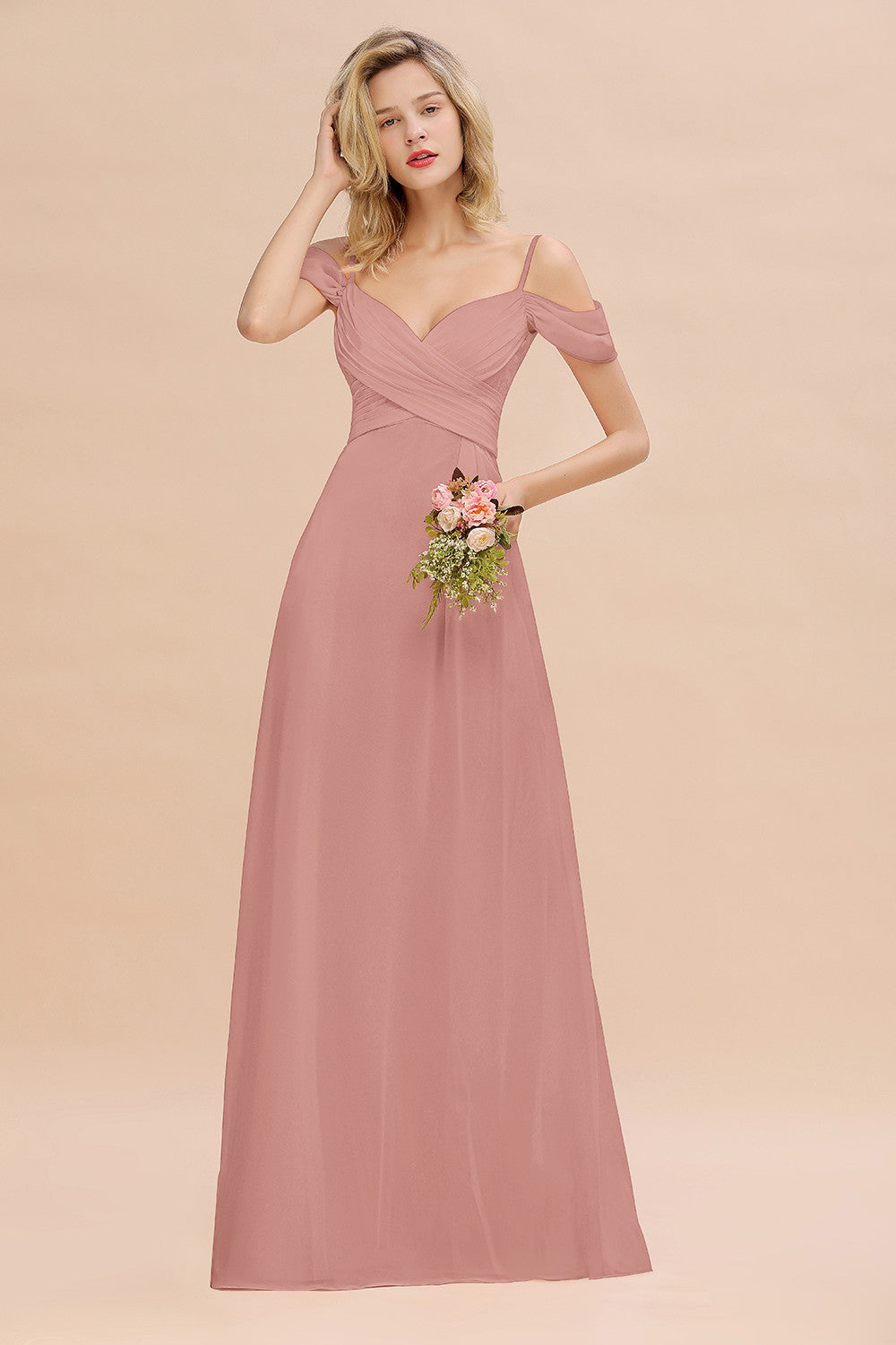 Off-the-Shoulder Sweetheart Ruched Long Bridesmaid Dress Online-Babyonlines