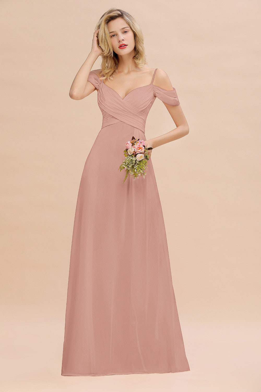 Off-the-Shoulder Sweetheart Ruched Long Bridesmaid Dress Online-Babyonlines