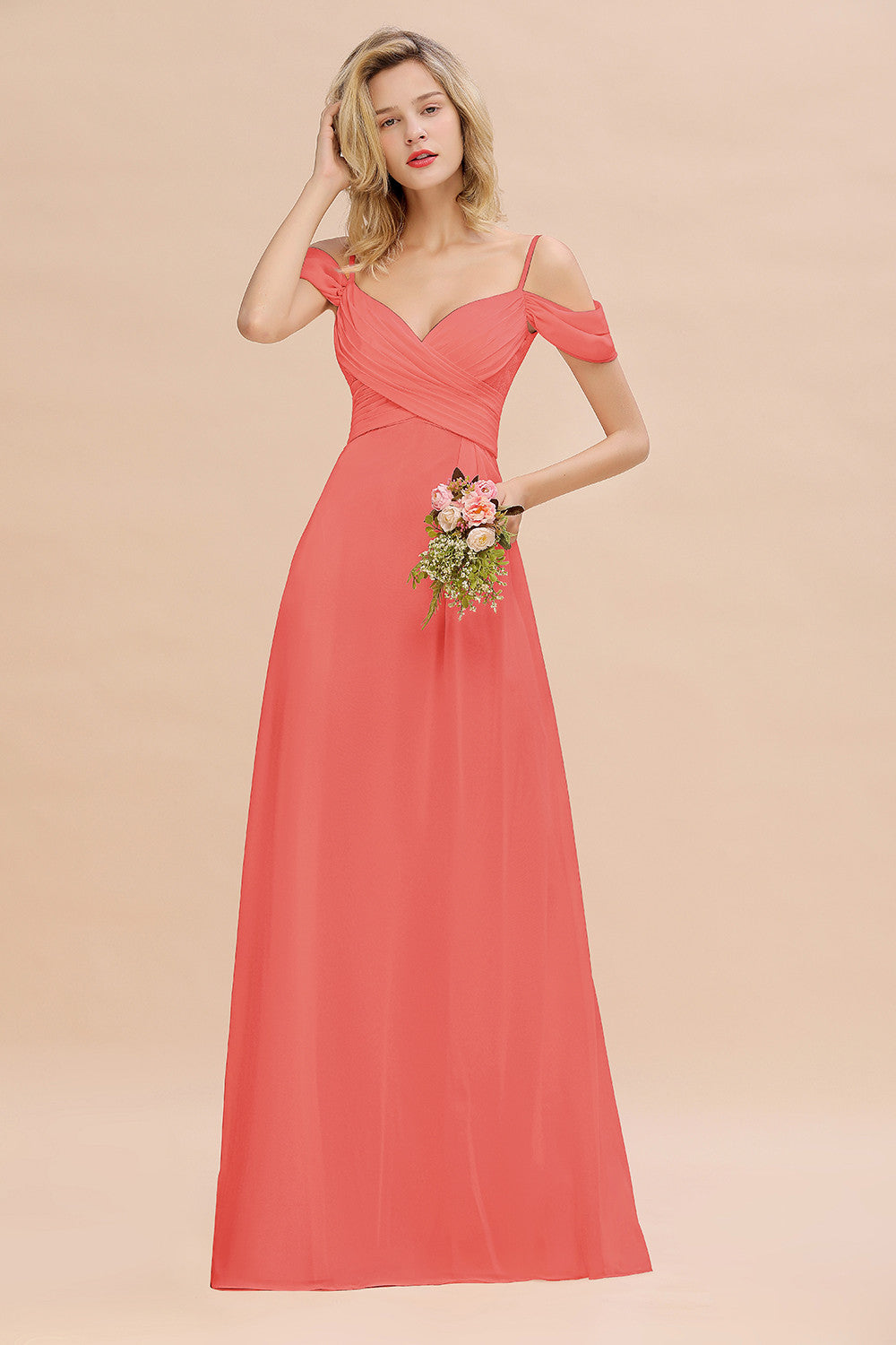 Off-the-Shoulder Sweetheart Ruched Long Bridesmaid Dress Online-Babyonlines