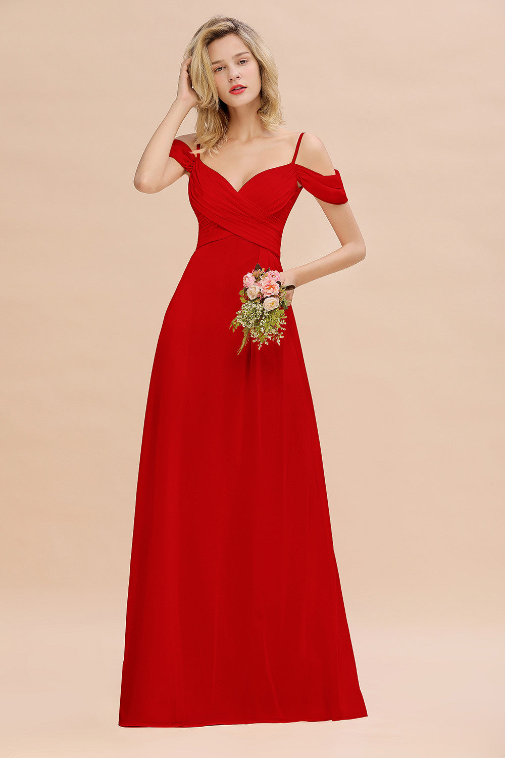 Off-the-Shoulder Sweetheart Ruched Long Bridesmaid Dress Online-Babyonlines