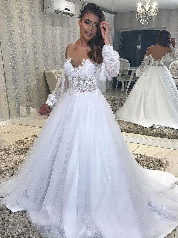 Off-the-shoulder Tulle Ball Gown Wedding Dress With Appliques Lace Court Train