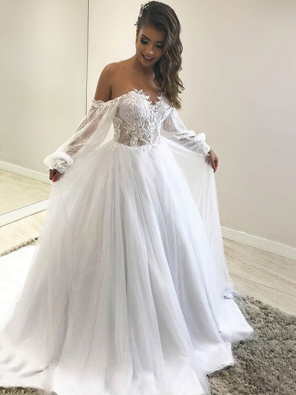Off-the-shoulder Tulle Ball Gown Wedding Dress With Appliques Lace Court Train