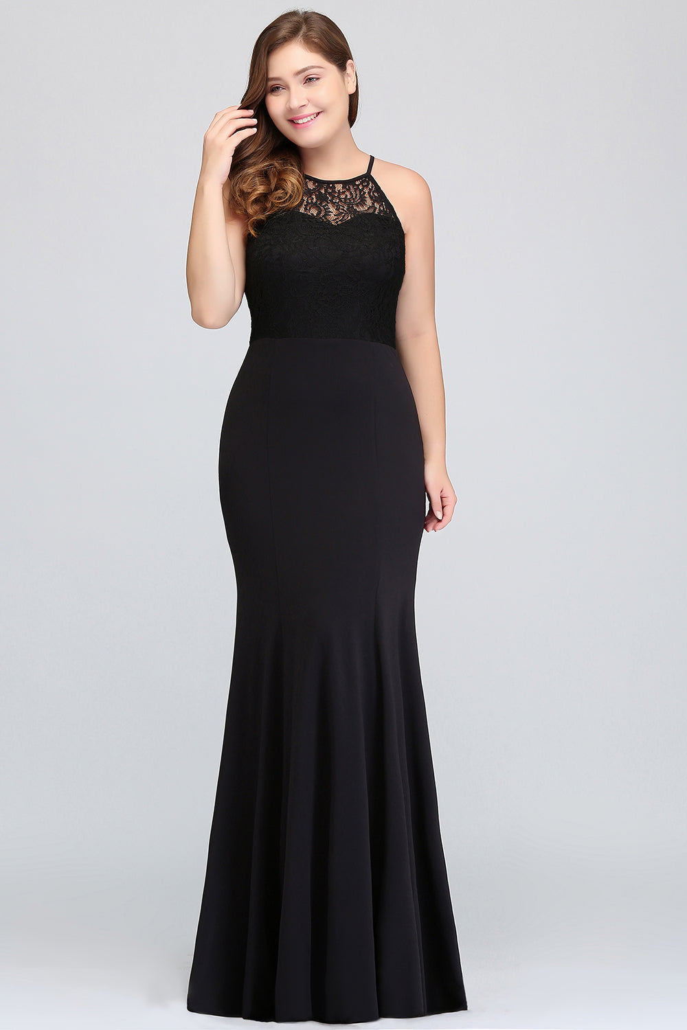 Plus Size Mermaid Jewel Lace Black Bridesmaid Dress Online-Babyonlines