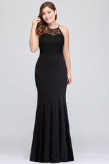 Plus Size Mermaid Jewel Lace Black Bridesmaid Dress Online-Babyonlines