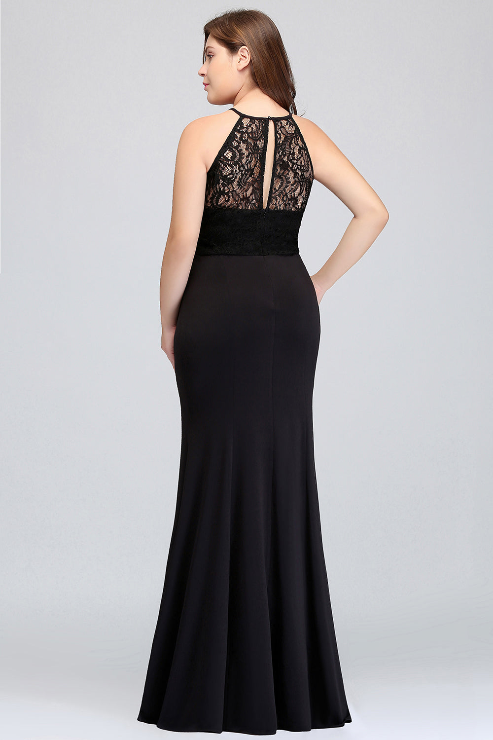 Plus Size Mermaid Jewel Lace Black Bridesmaid Dress Online-Babyonlines