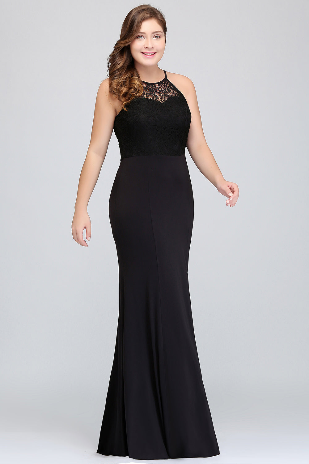 Plus Size Mermaid Jewel Lace Black Bridesmaid Dress Online-Babyonlines