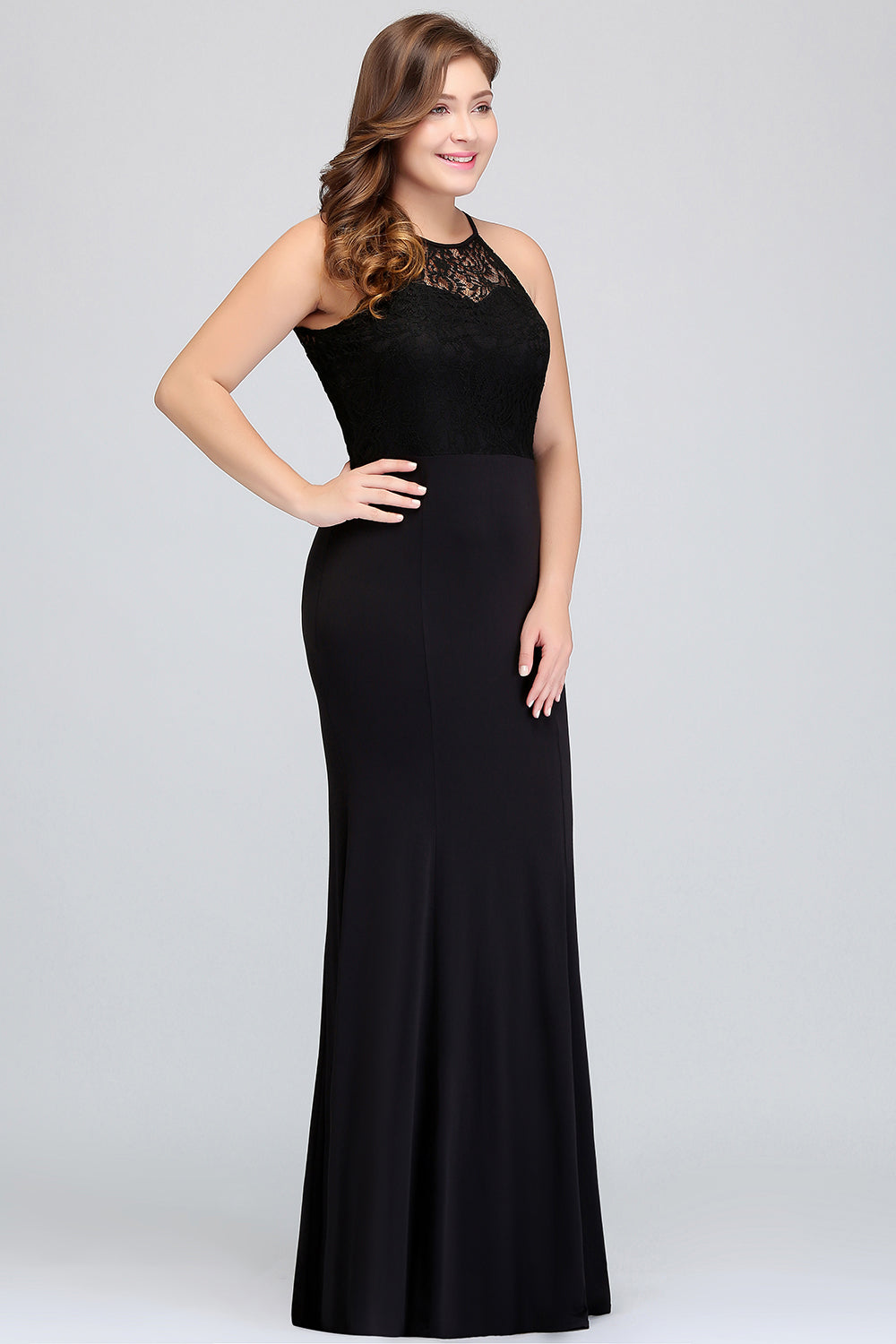 Plus Size Mermaid Jewel Lace Black Bridesmaid Dress Online-Babyonlines