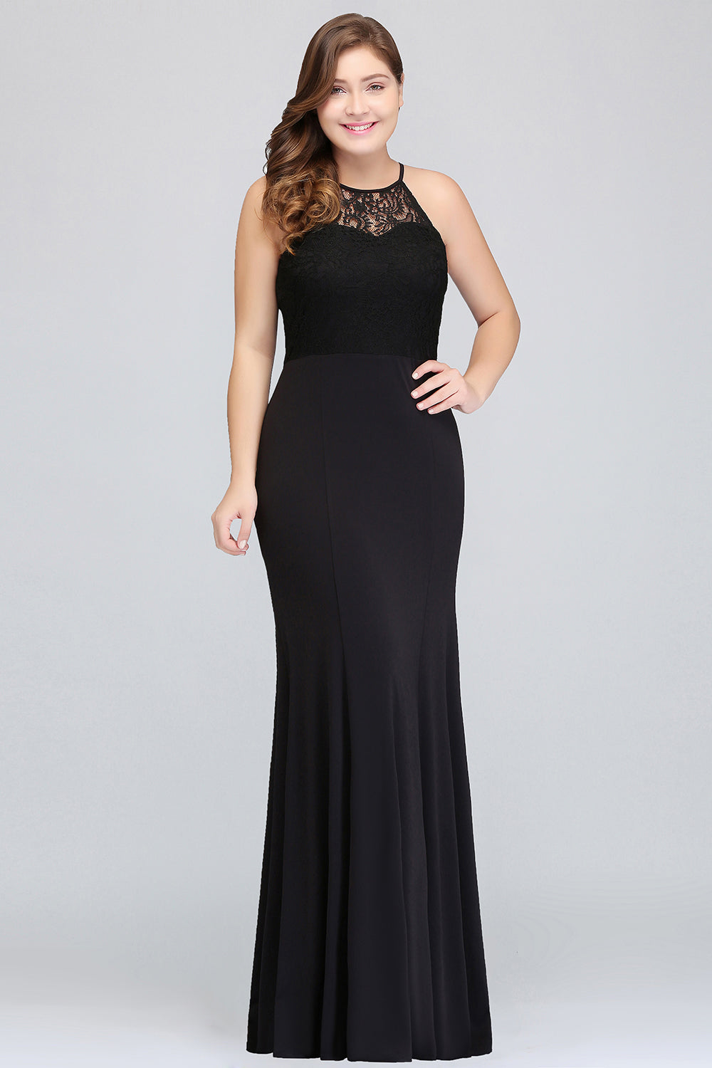 Plus Size Mermaid Jewel Lace Black Bridesmaid Dress Online-Babyonlines