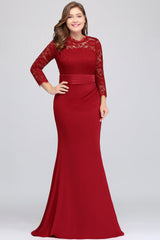 Plus Size Mermaid Long Red Lace Bridesmaid Dresses with 3/4 Sleeves-Babyonlines