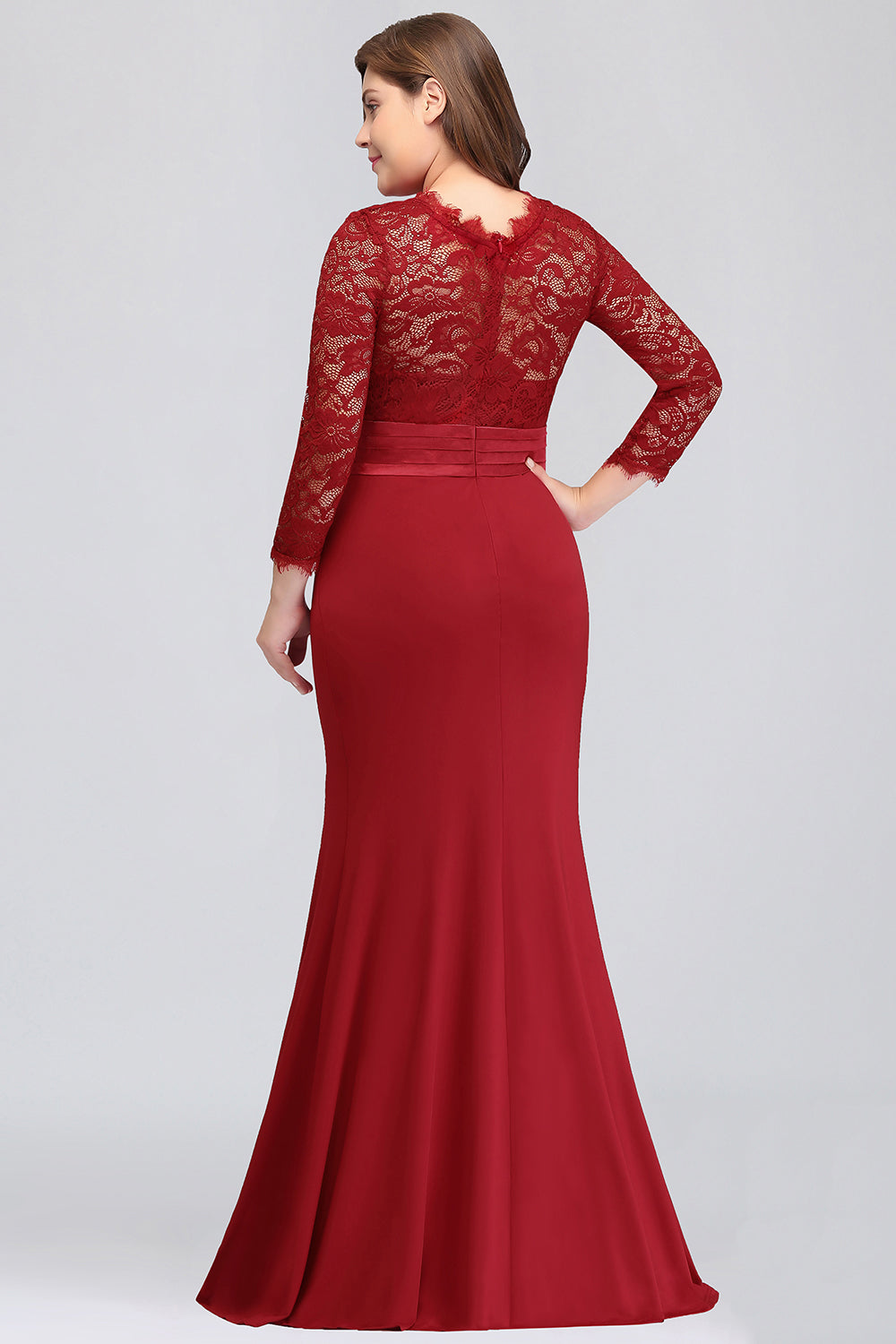 Plus Size Mermaid Long Red Lace Bridesmaid Dresses with 3/4 Sleeves-Babyonlines
