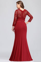 Plus Size Mermaid Long Red Lace Bridesmaid Dresses with 3/4 Sleeves-Babyonlines