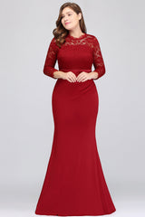 Plus Size Mermaid Long Red Lace Bridesmaid Dresses with 3/4 Sleeves-Babyonlines