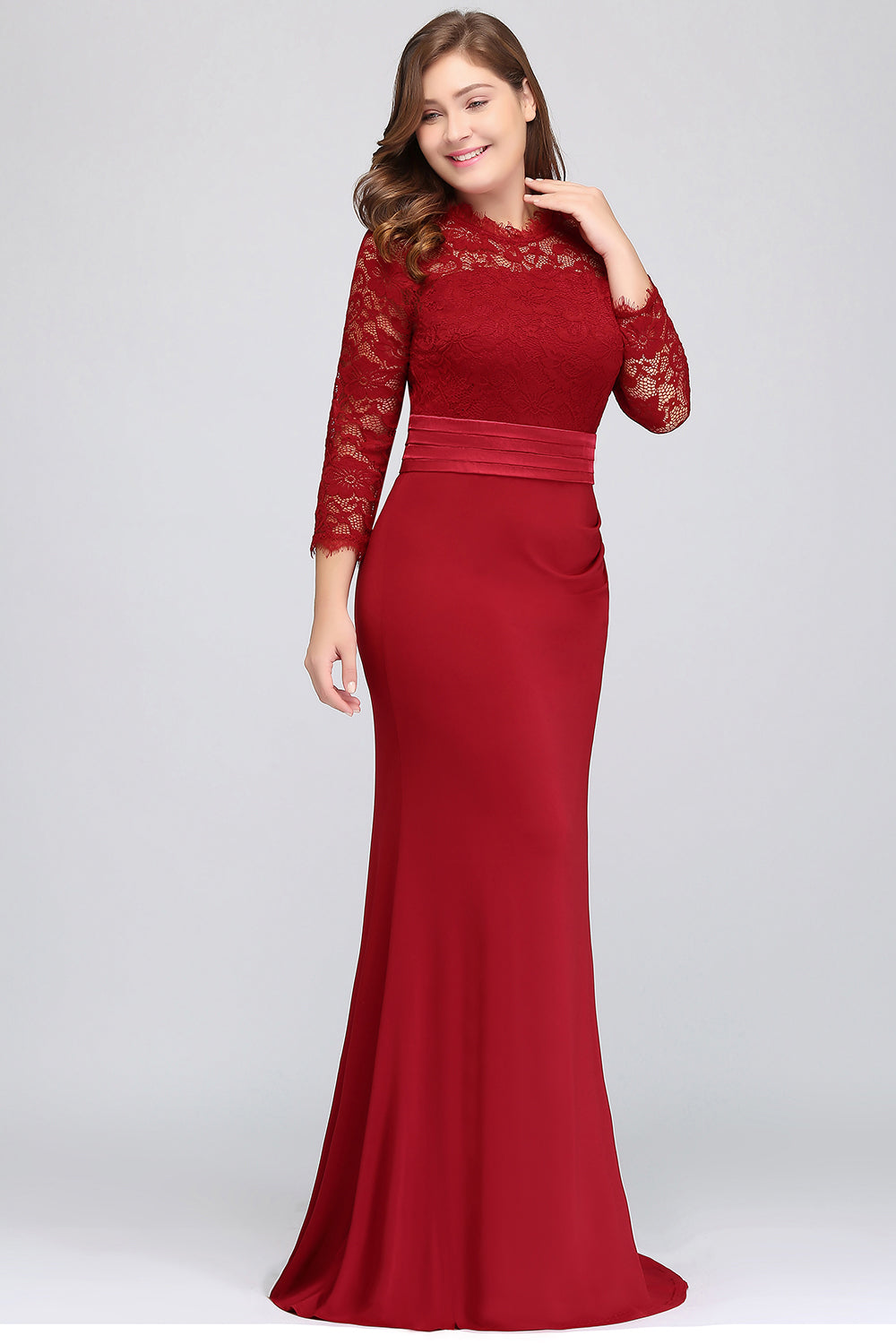 Plus Size Mermaid Long Red Lace Bridesmaid Dresses with 3/4 Sleeves-Babyonlines