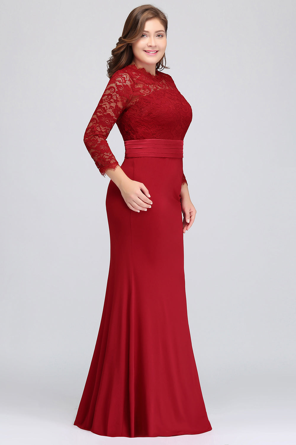 Plus Size Mermaid Long Red Lace Bridesmaid Dresses with 3/4 Sleeves-Babyonlines