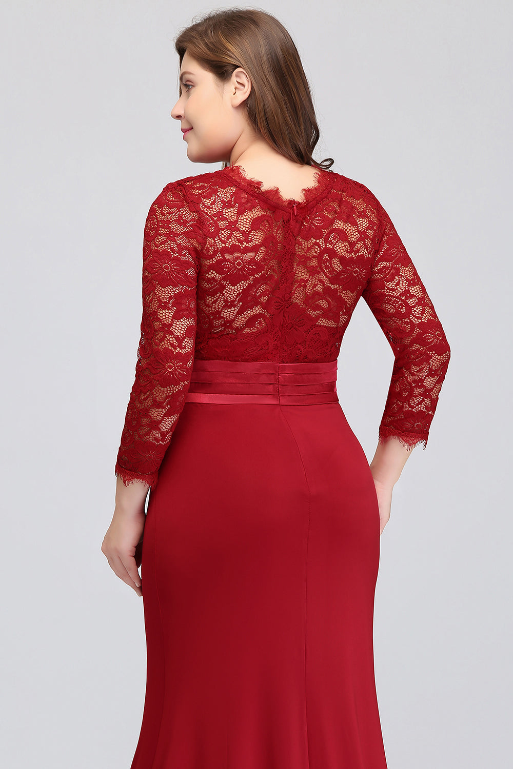 Plus Size Mermaid Long Red Lace Bridesmaid Dresses with 3/4 Sleeves-Babyonlines