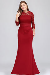 Plus Size Mermaid Long Red Lace Bridesmaid Dresses with 3/4 Sleeves-Babyonlines