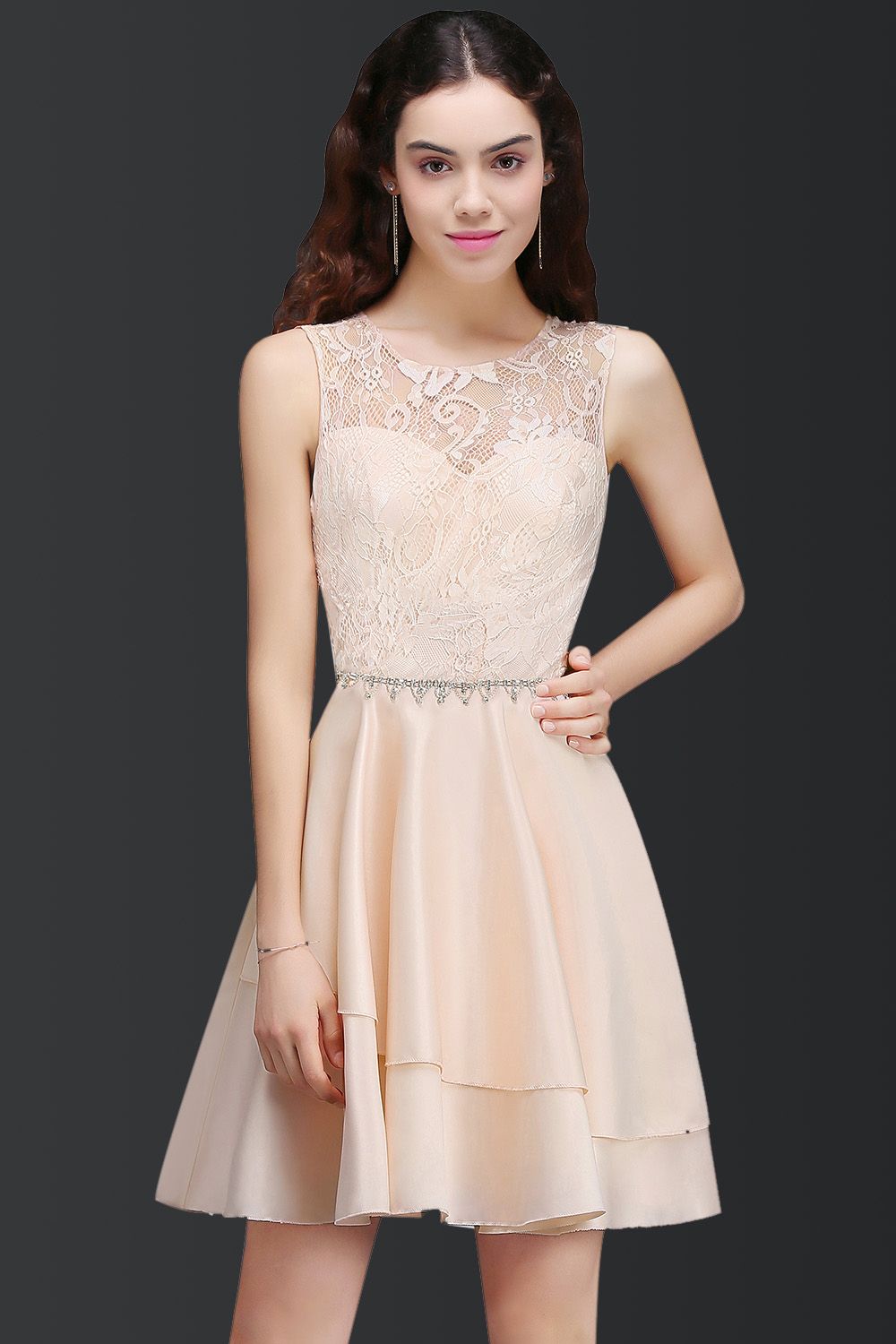 Pretty Lace Backless Short Pink Bridesmaid Dresses with Beadings-Babyonlines