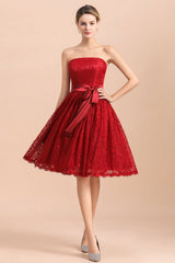Pretty Strapless Red Lace Bridesmaid Dresses Sleeveless Short Wedding Party Dress with Sash-Babyonlines