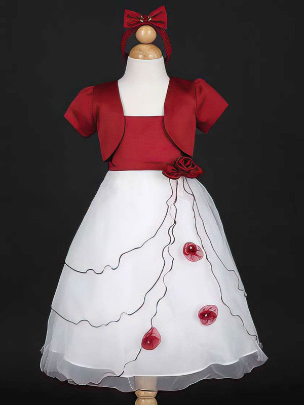 Scoop Neck Ball Gown Satin Tulle Flower Girl Dress with Sashes and Ribbons