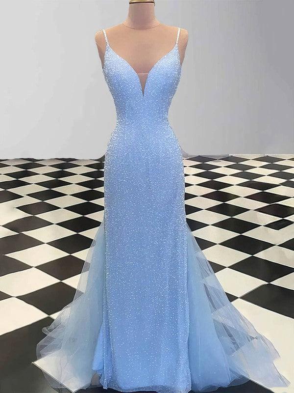 Sequined Tulle V-neck Sheath Prom Dress with Sweep Train