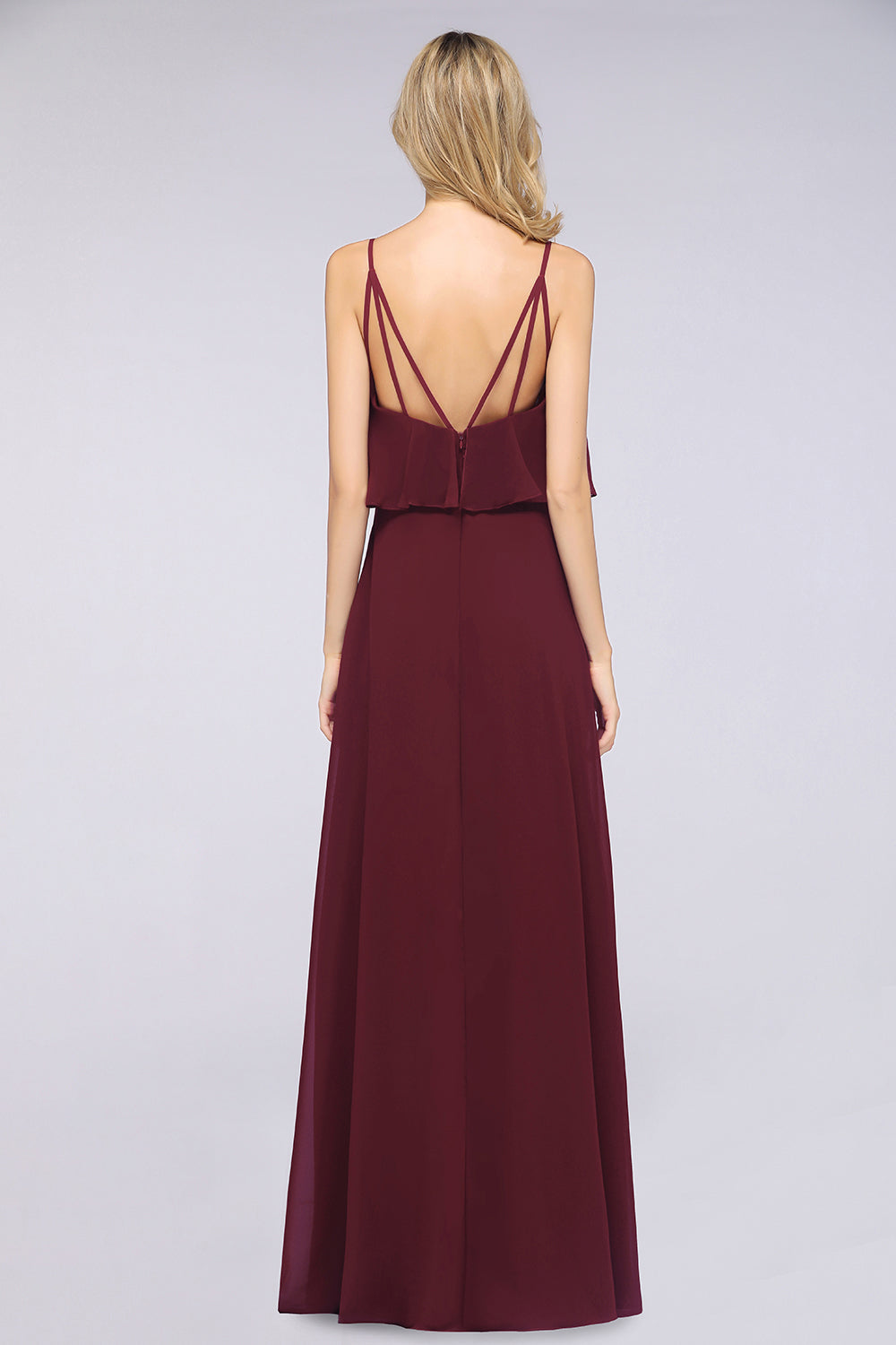 Sexy Chiffon V-Neck Burgundy Chiffon Bridesmaid Dresses with Spaghetti Straps-Babyonlines