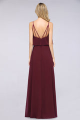 Sexy Chiffon V-Neck Burgundy Chiffon Bridesmaid Dresses with Spaghetti Straps-Babyonlines