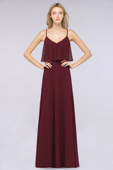 Sexy Chiffon V-Neck Burgundy Chiffon Bridesmaid Dresses with Spaghetti Straps-Babyonlines