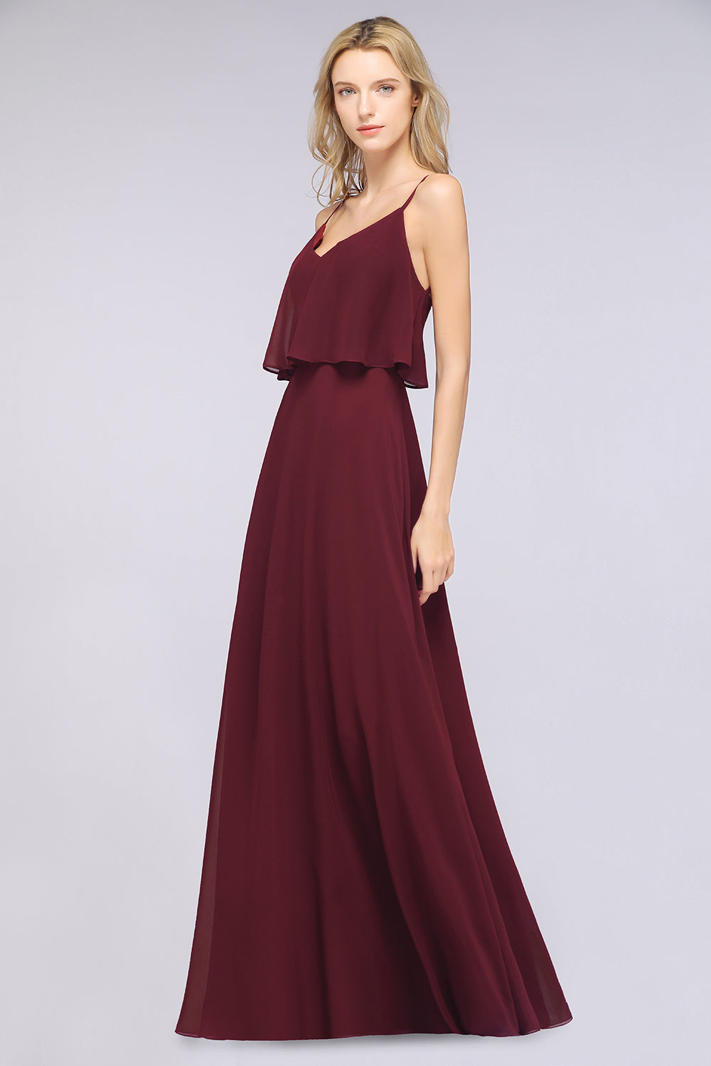 Sexy Chiffon V-Neck Burgundy Chiffon Bridesmaid Dresses with Spaghetti Straps-Babyonlines