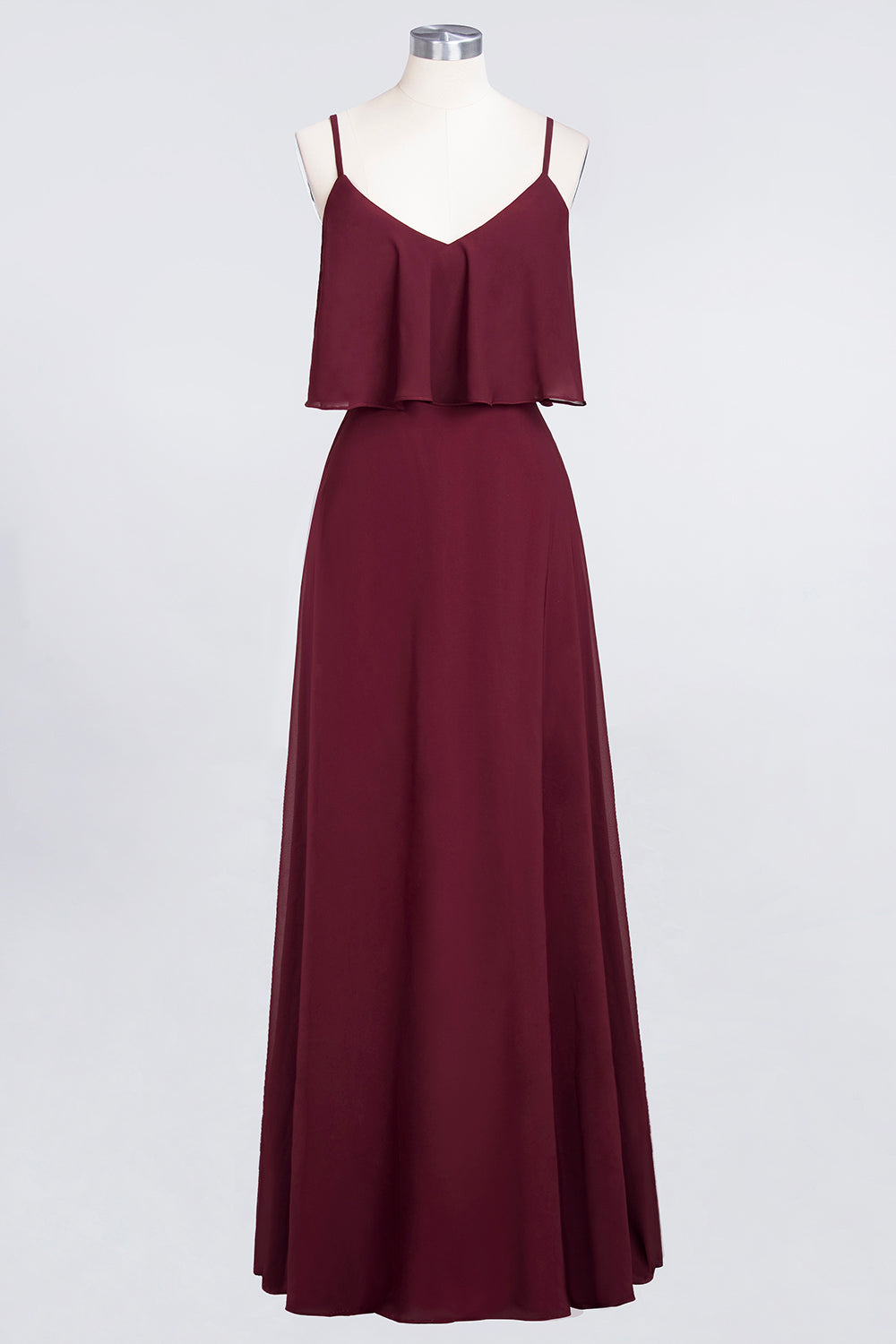 Sexy Chiffon V-Neck Burgundy Chiffon Bridesmaid Dresses with Spaghetti Straps-Babyonlines