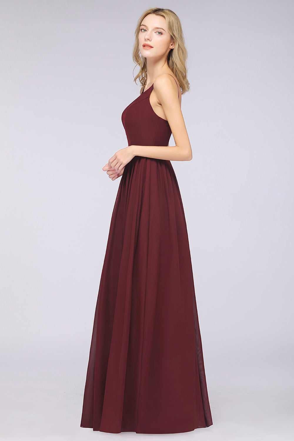 Sexy Deep-V-Neck Appliques Burgundy Chiffon Bridesmaid Dress with Slit-Babyonlines