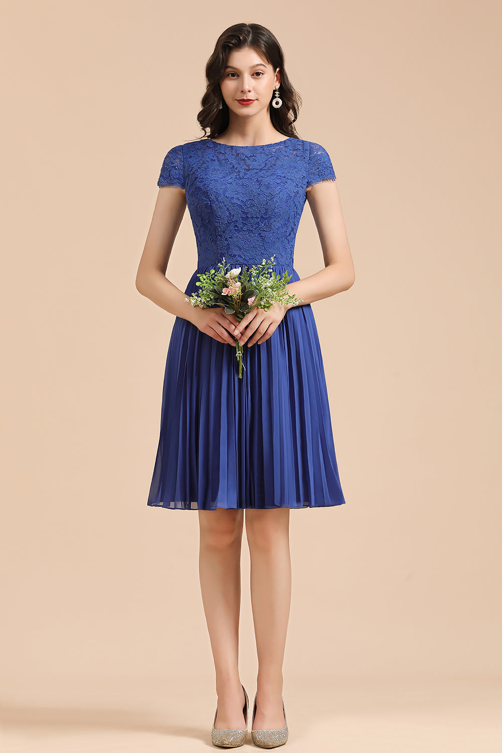 Short Sleeve Royal Blue Lace Junior Bridesmaid Dress-Babyonlines