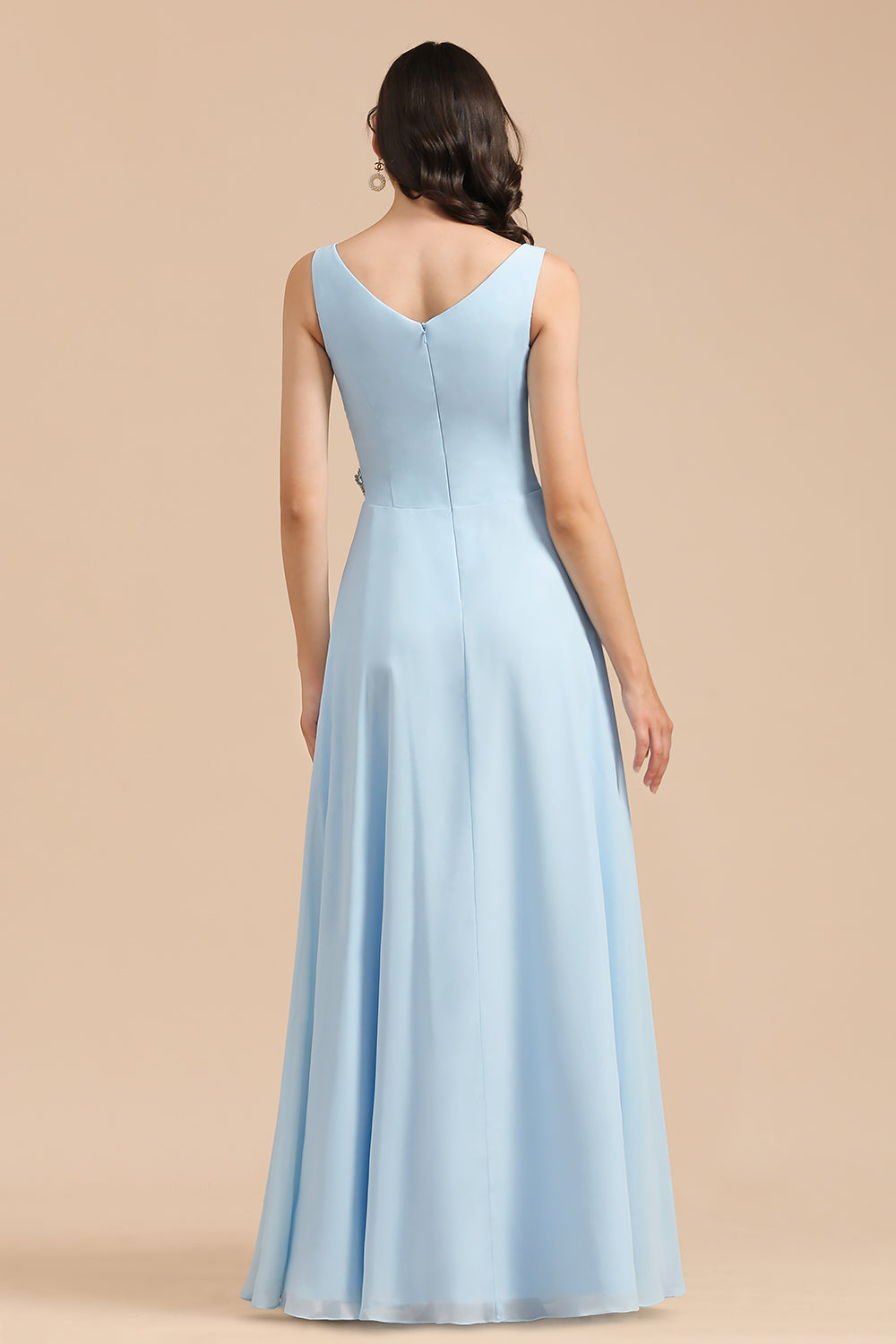 Sky Blue Chiffon Long Bridesmaid Dress Ruched-Babyonlines