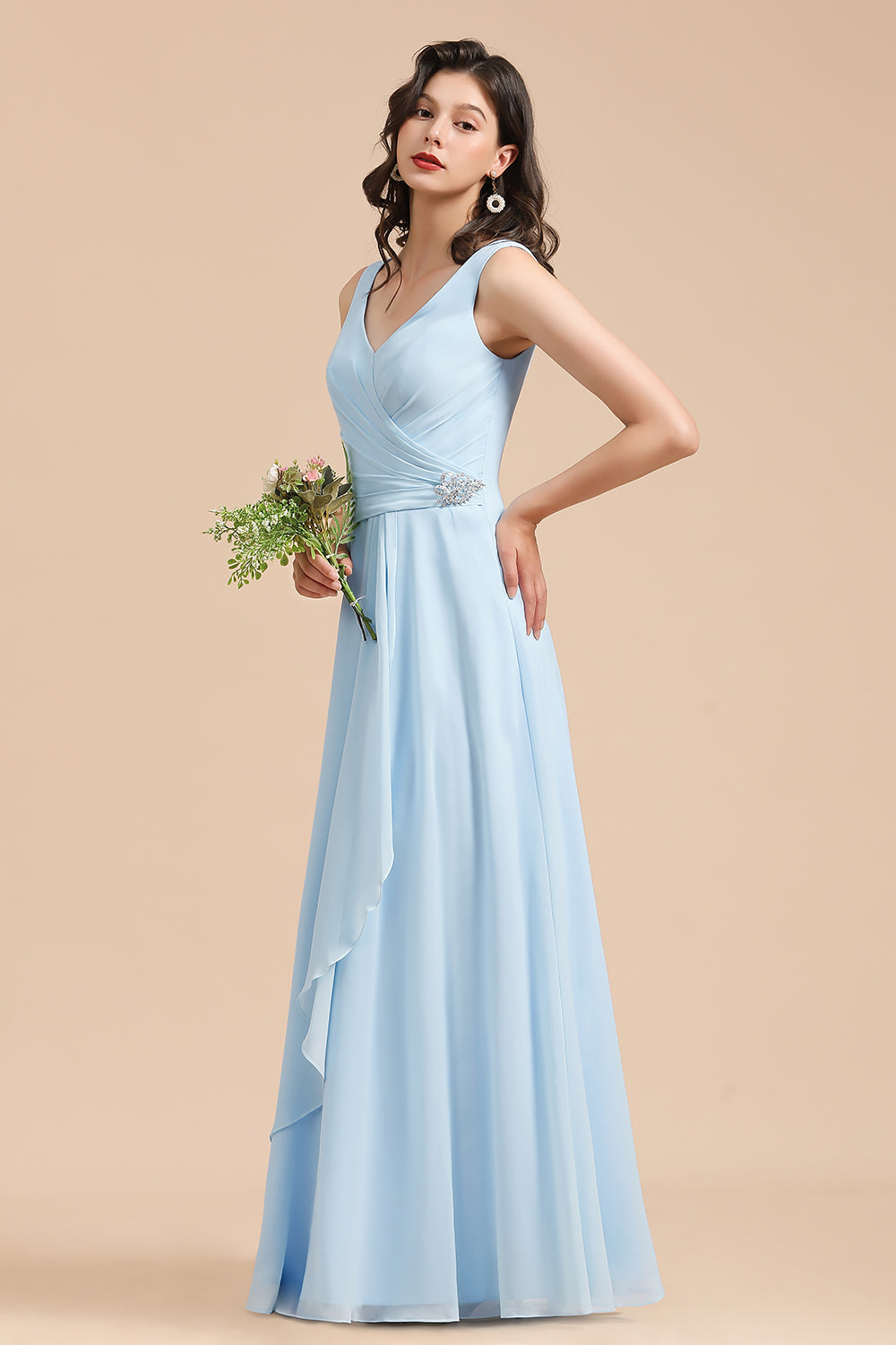 Sky Blue Chiffon Long Bridesmaid Dress Ruched-Babyonlines