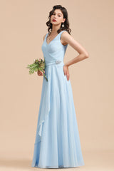 Sky Blue Chiffon Long Bridesmaid Dress Ruched-Babyonlines