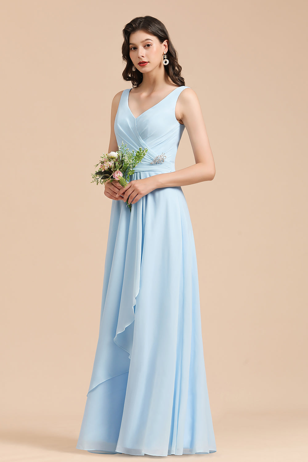 Sky Blue Chiffon Long Bridesmaid Dress Ruched-Babyonlines