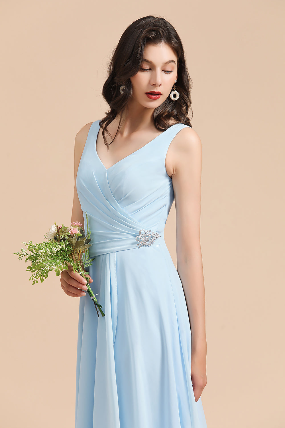 Sky Blue Chiffon Long Bridesmaid Dress Ruched-Babyonlines