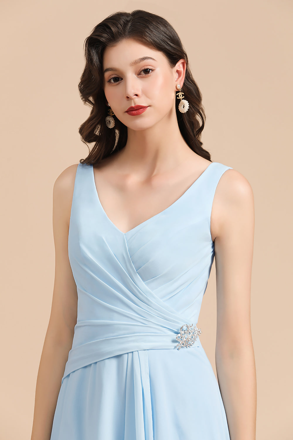 Sky Blue Chiffon Long Bridesmaid Dress Ruched-Babyonlines