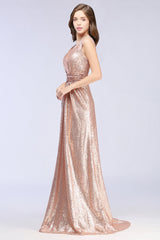 Sparkly Sequined V-Neck Sleeveless Bridesmaid Dress Online-Babyonlines