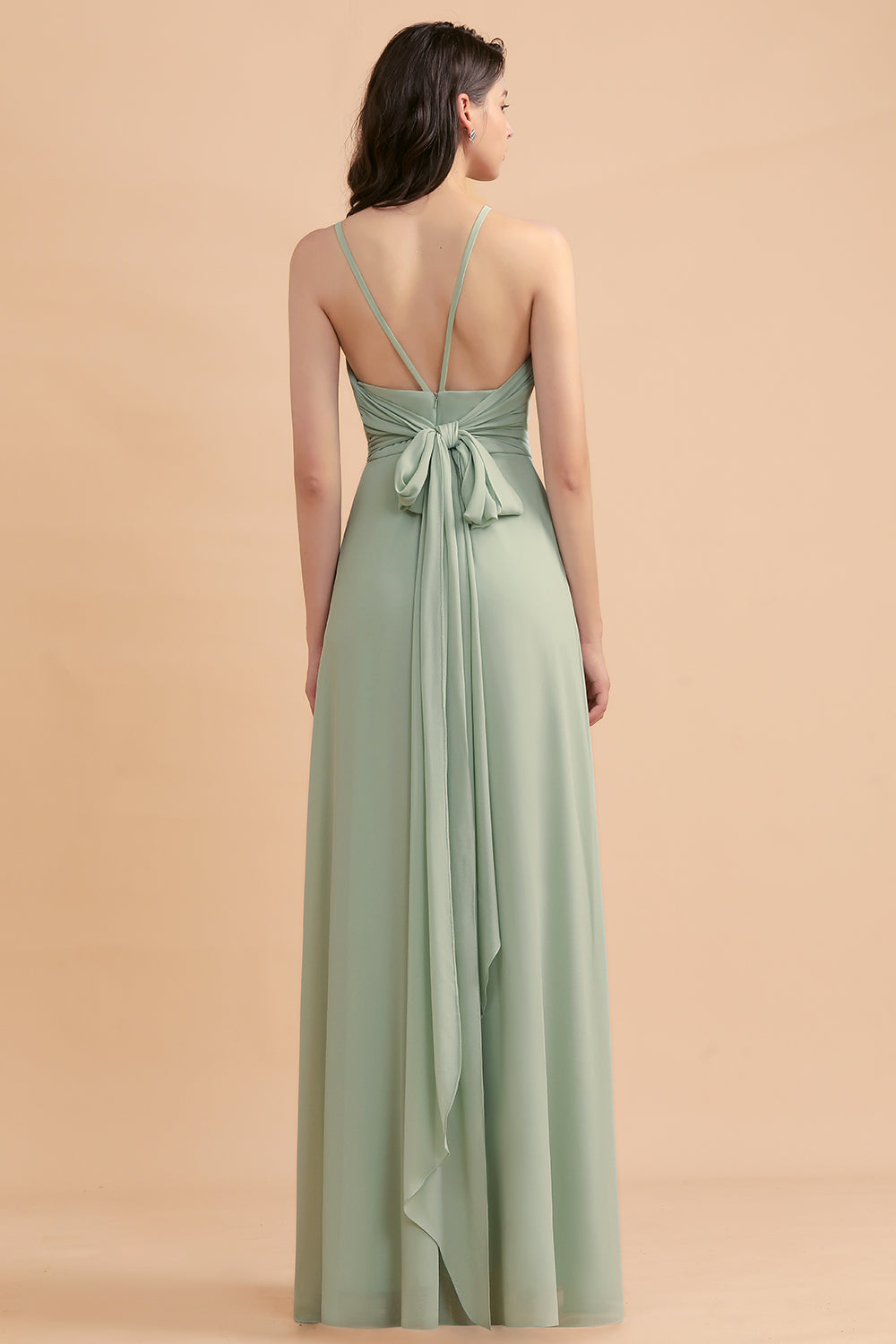 Stylish Jewel Sleeveless Dusty Sage Chiffon Bridesmaid Dress with Ruffles-Babyonlines