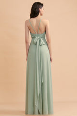 Stylish Jewel Sleeveless Dusty Sage Chiffon Bridesmaid Dress with Ruffles-Babyonlines