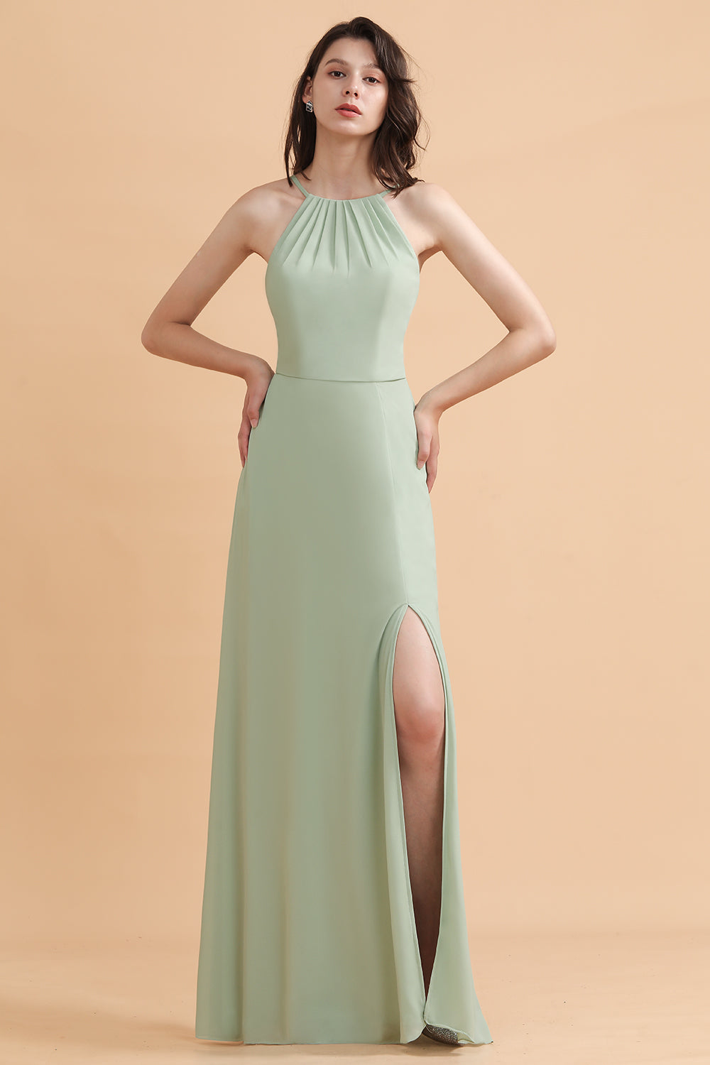 Stylish Jewel Sleeveless Dusty Sage Chiffon Bridesmaid Dress with Ruffles-Babyonlines