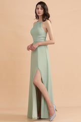 Stylish Jewel Sleeveless Dusty Sage Chiffon Bridesmaid Dress with Ruffles-Babyonlines