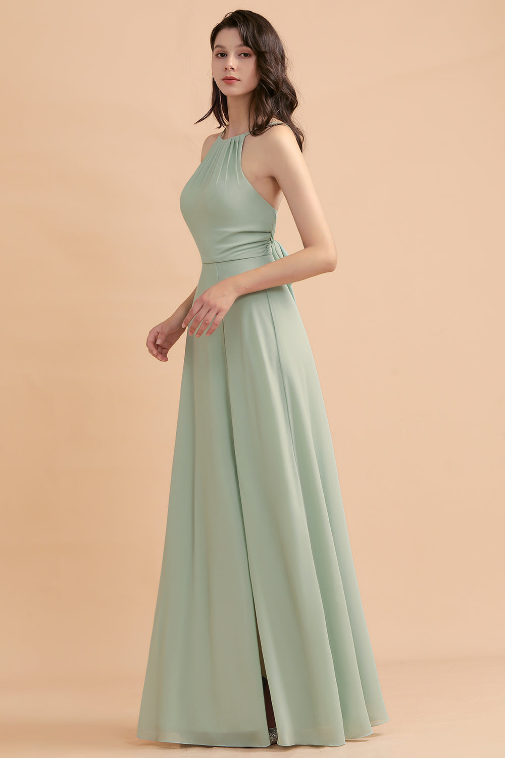 Stylish Jewel Sleeveless Dusty Sage Chiffon Bridesmaid Dress with Ruffles-Babyonlines
