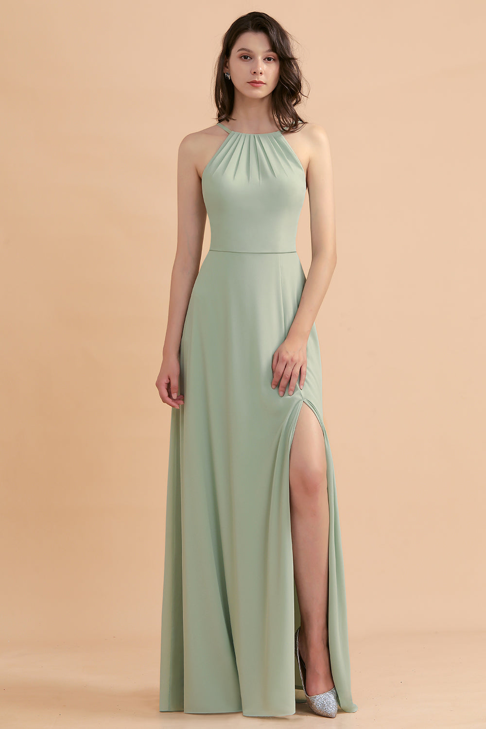 Stylish Jewel Sleeveless Dusty Sage Chiffon Bridesmaid Dress with Ruffles-Babyonlines
