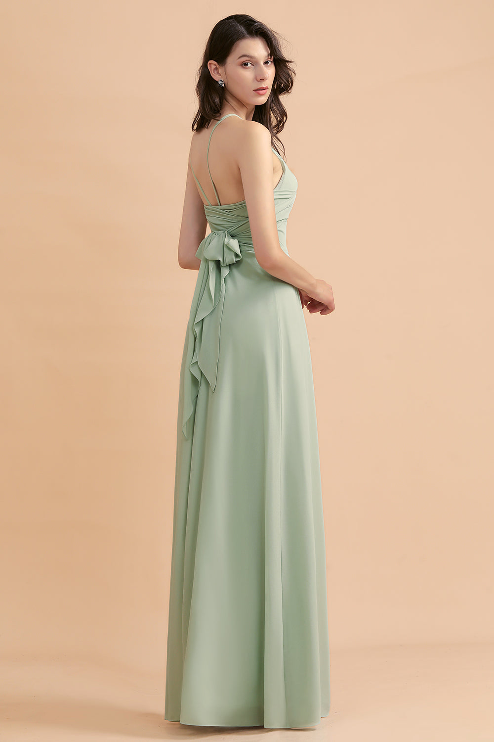 Stylish Jewel Sleeveless Dusty Sage Chiffon Bridesmaid Dress with Ruffles-Babyonlines